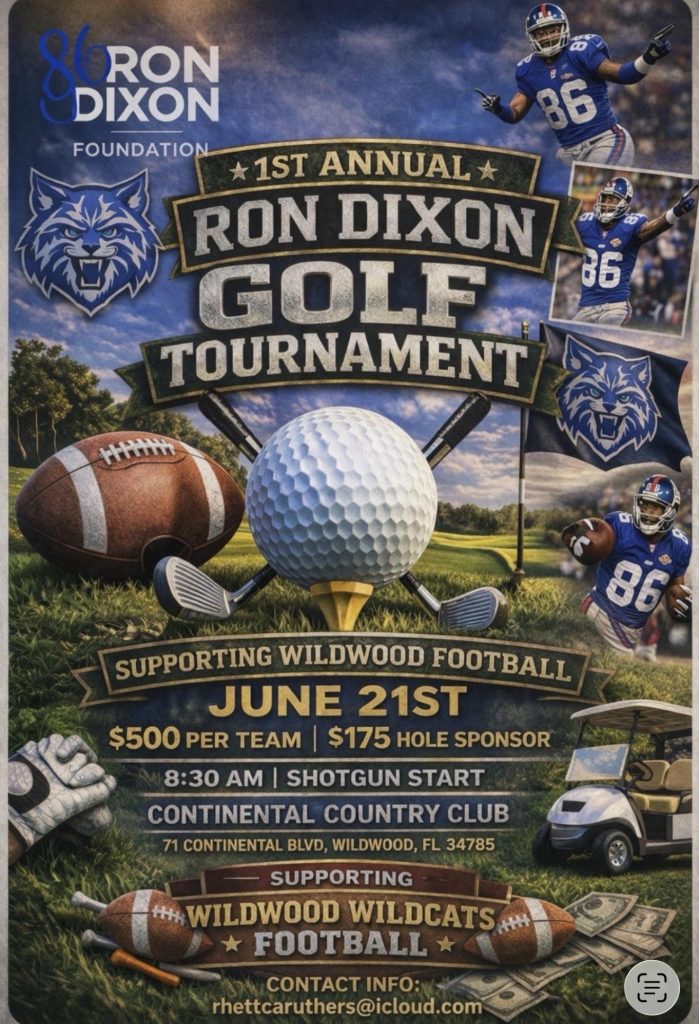 Flyer for the 1st Annual Ron Dixon Golf Tournament, June 21 at Continental Country Club, supporting Wildwood Wildcats football.