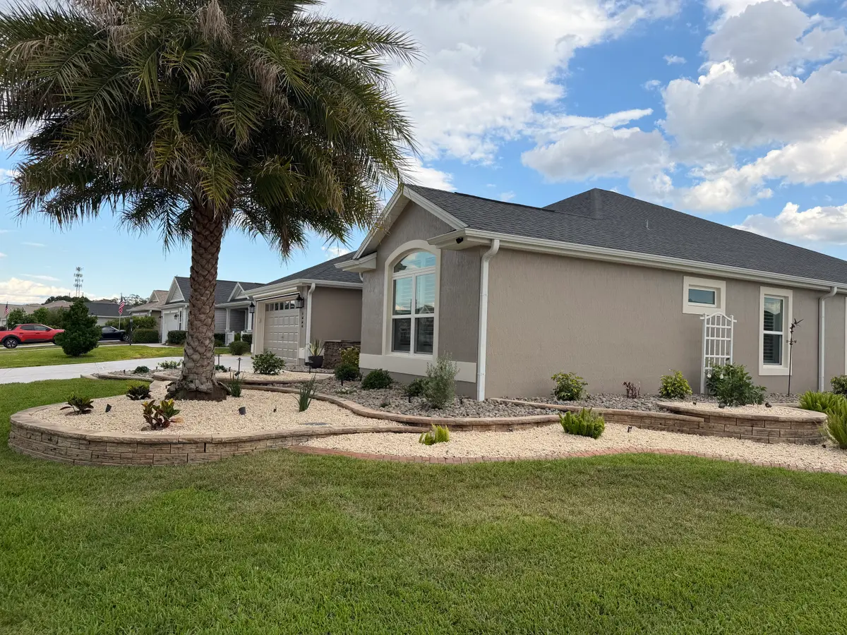 Landscaping and hardscape project with large palm tree.